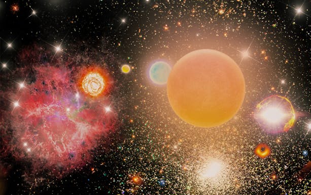 Celestial bodies and colorful nebulae in a starry sky at the Royal Observatory Planetarium Show.