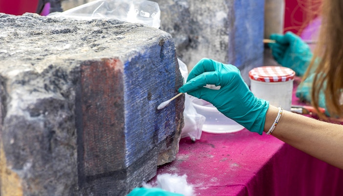 Notre Dame Cathedral restoration work with scaffolding, Paris, France.