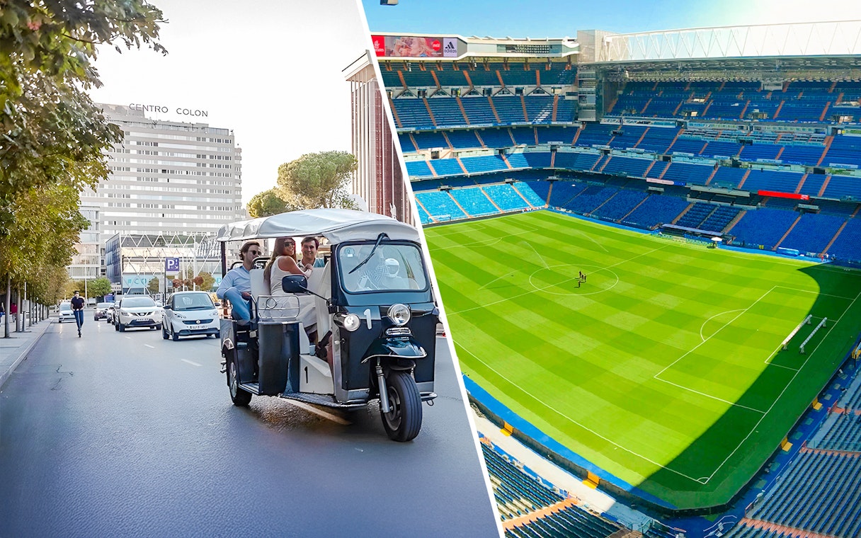 Electric tuk-tuk on Paseo de la Castellana, Madrid, with Torres de Colón in the background.