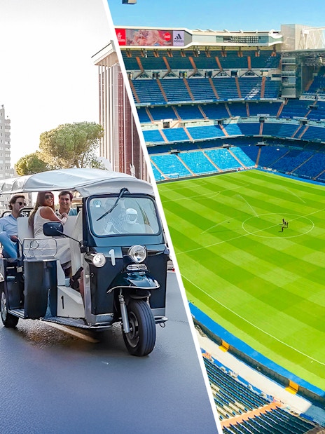 Electric tuk-tuk on Paseo de la Castellana, Madrid, with Torres de Colón in the background.
