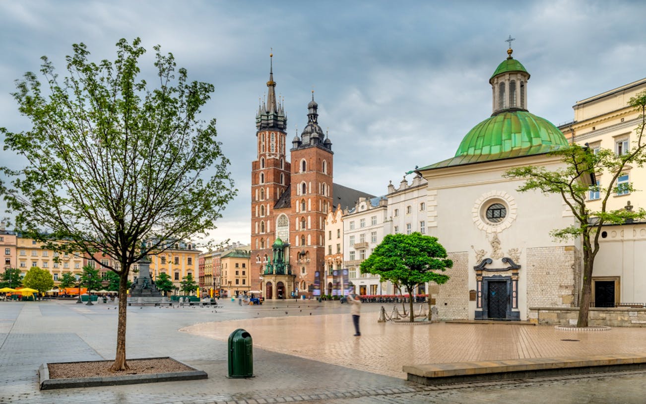 St. Mary’s Basilica and surrounding buildings in Krakow's Old Town.