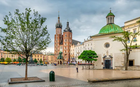 St. Mary’s Basilica and surrounding buildings in Krakow's Old Town.