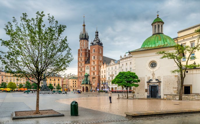 St. Mary’s Basilica and surrounding buildings in Krakow's Old Town.