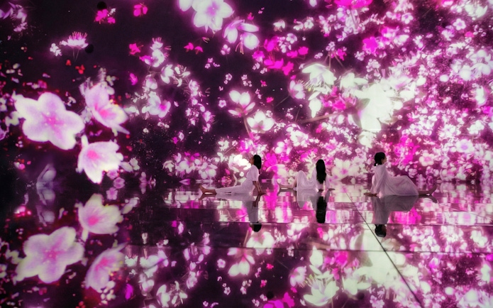 Visitors in immersive floral digital art at teamLab Planets Tokyo.