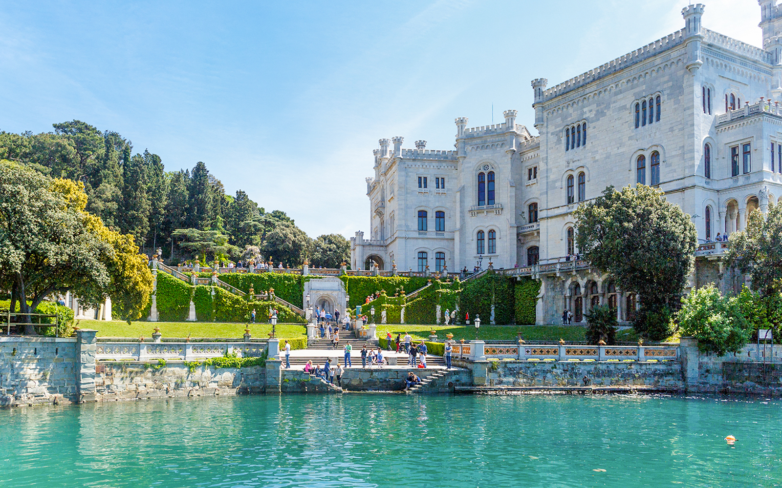 Miramare Castle with gardens overlooking the Gulf of Trieste, Italy.