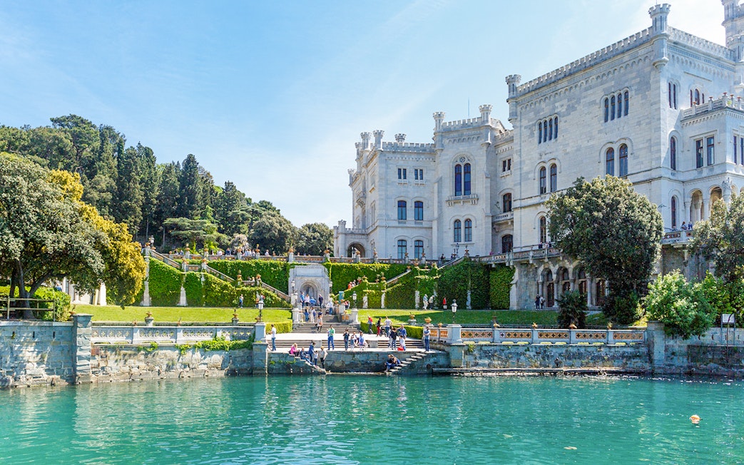 Miramare Castle with gardens overlooking the Gulf of Trieste, Italy.