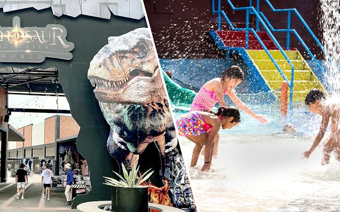 Dinosaur Encounter entrance and children playing in a water park.