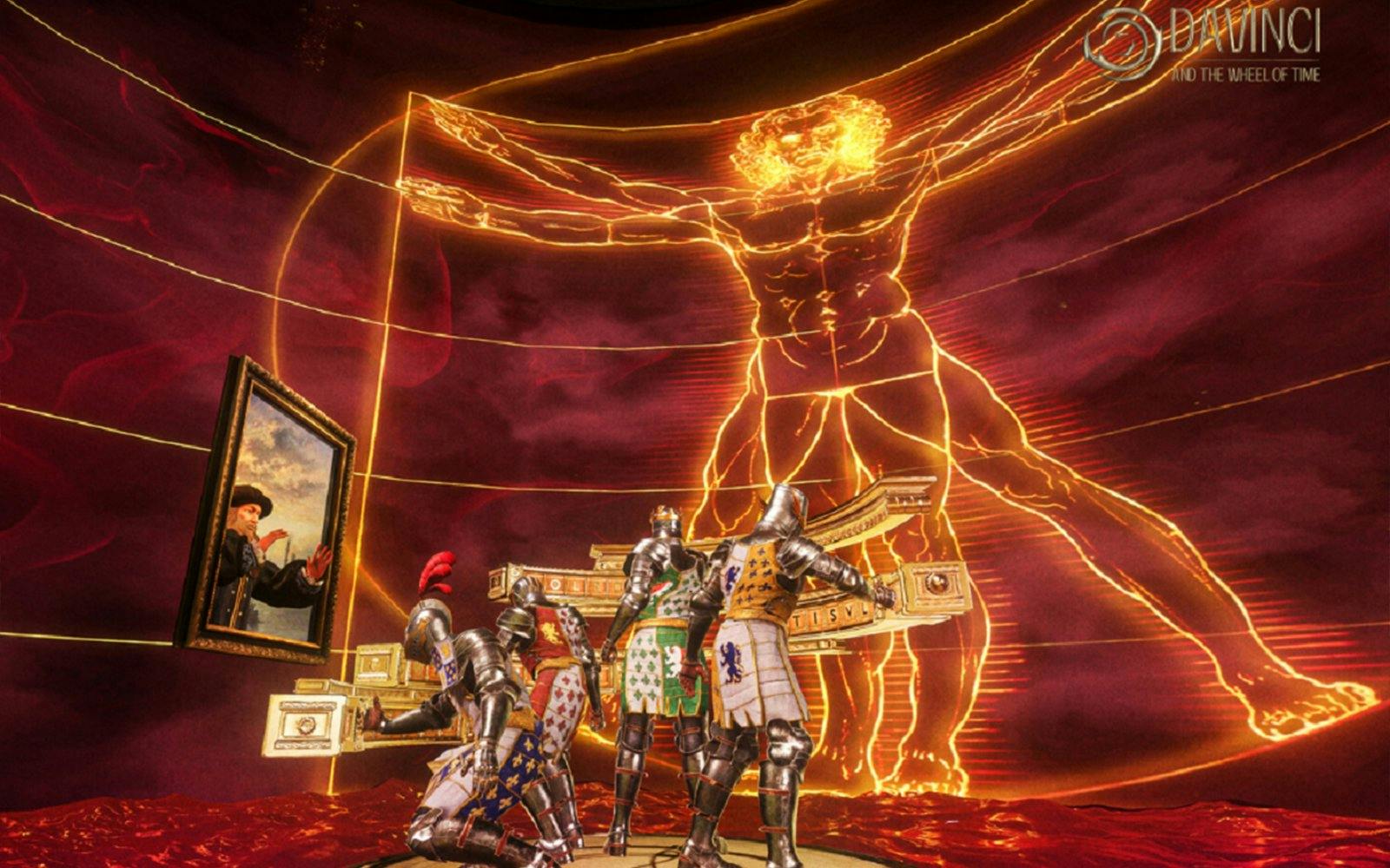 Knights in armor interact with a digital Vitruvian Man in DaVinci and The Wheel of Time exhibit.