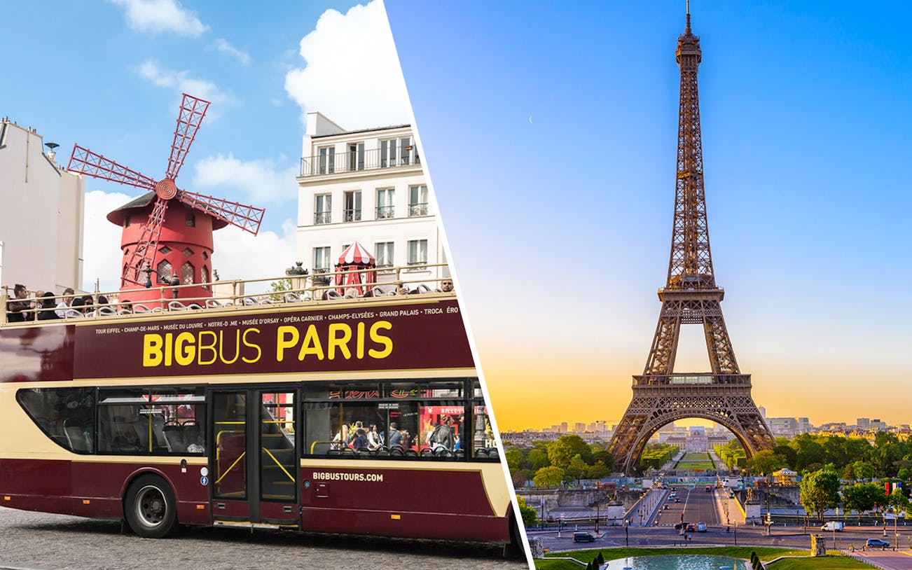 Paris bus tour passing Moulin Rouge and Eiffel Tower at sunset.
