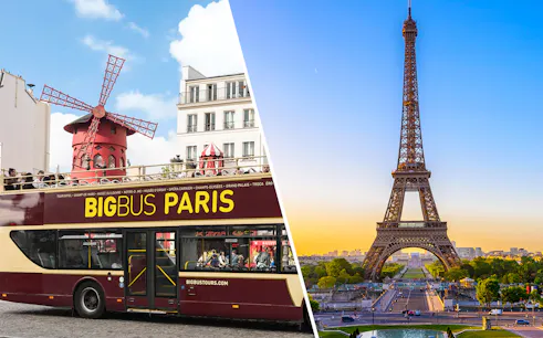 Paris bus tour passing Moulin Rouge and Eiffel Tower at sunset.