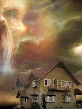 Haunted house with eerie sky, Trapped Escape Room experience.