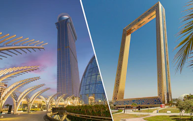 Dubai Frame and View at the Palm, iconic landmarks in Dubai.