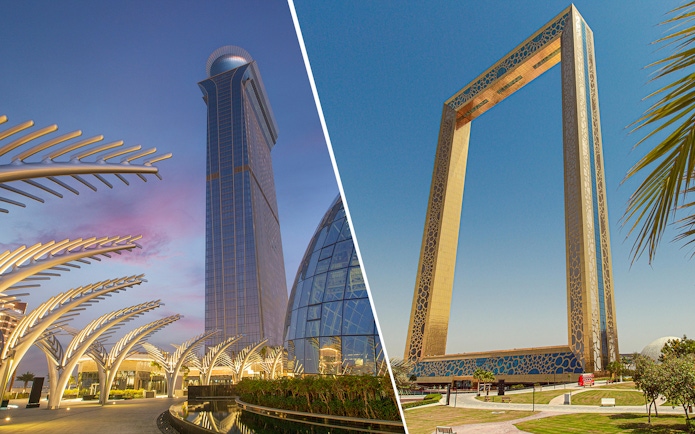 Dubai Frame and View at the Palm, iconic landmarks in Dubai.