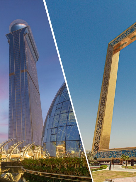 Dubai Frame and View at the Palm, iconic landmarks in Dubai.