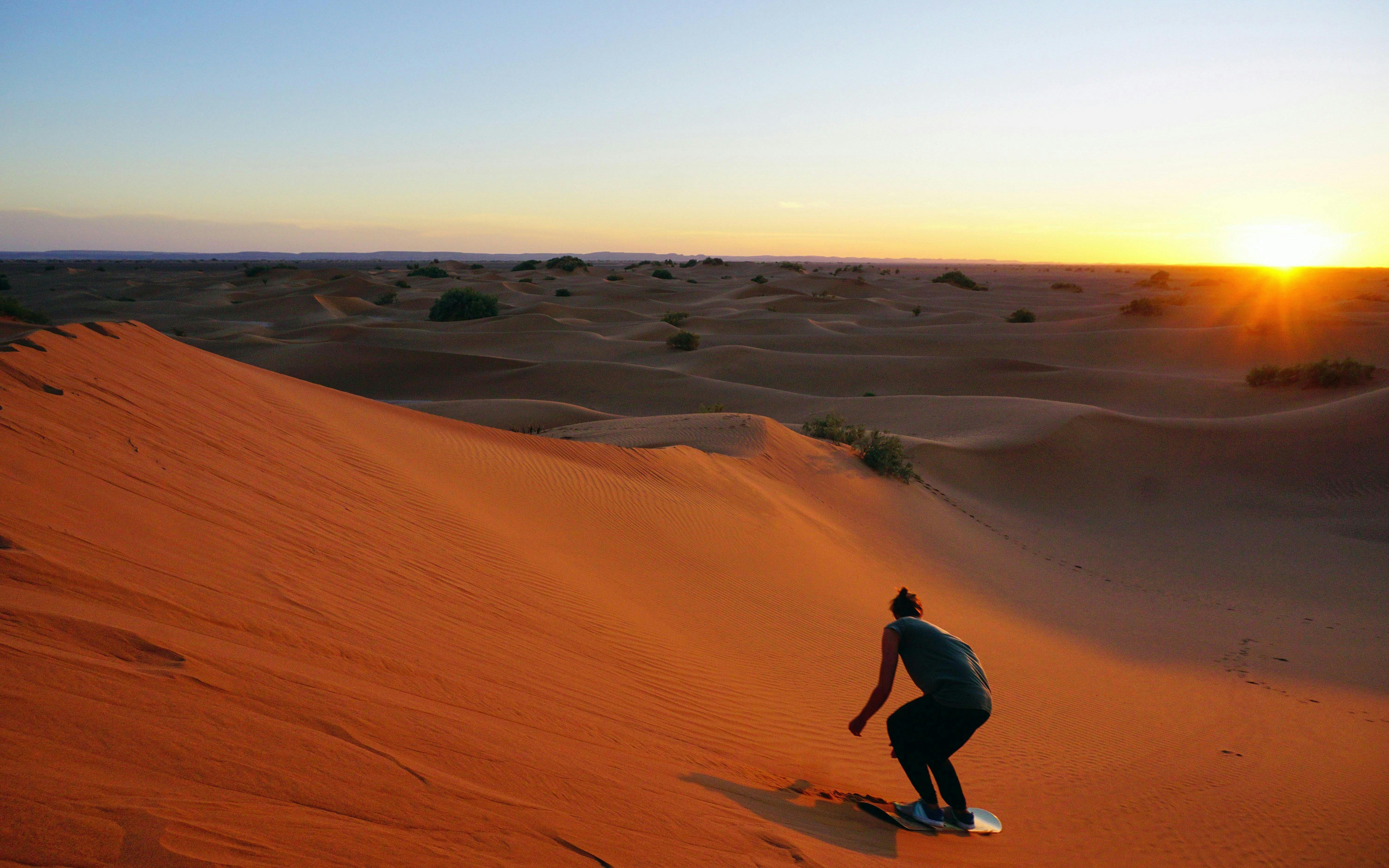 Sandboarding at sunset on Sahara Desert dunes.