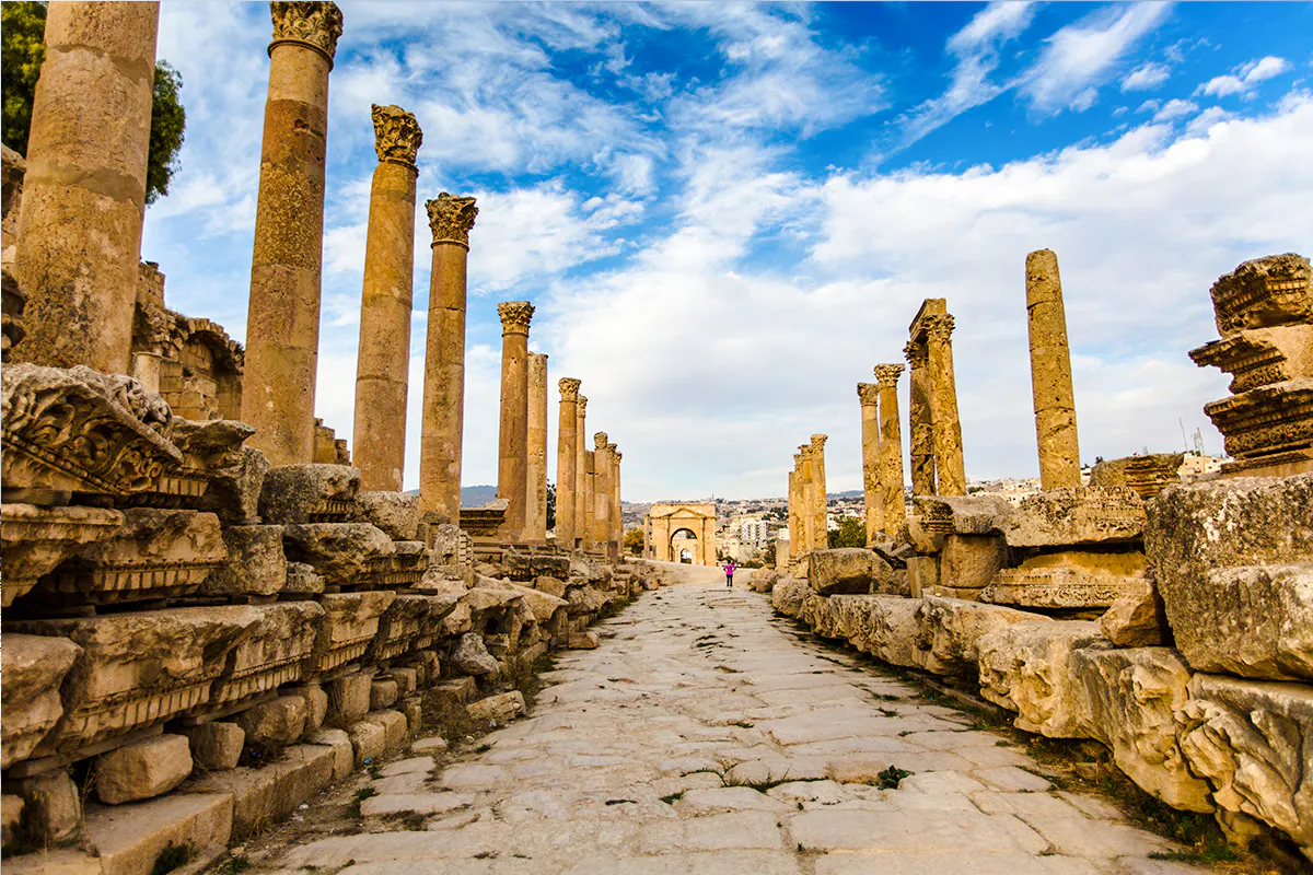 Ancient Roman columns lining the Cardo Maximus in Jerash, Jordan.