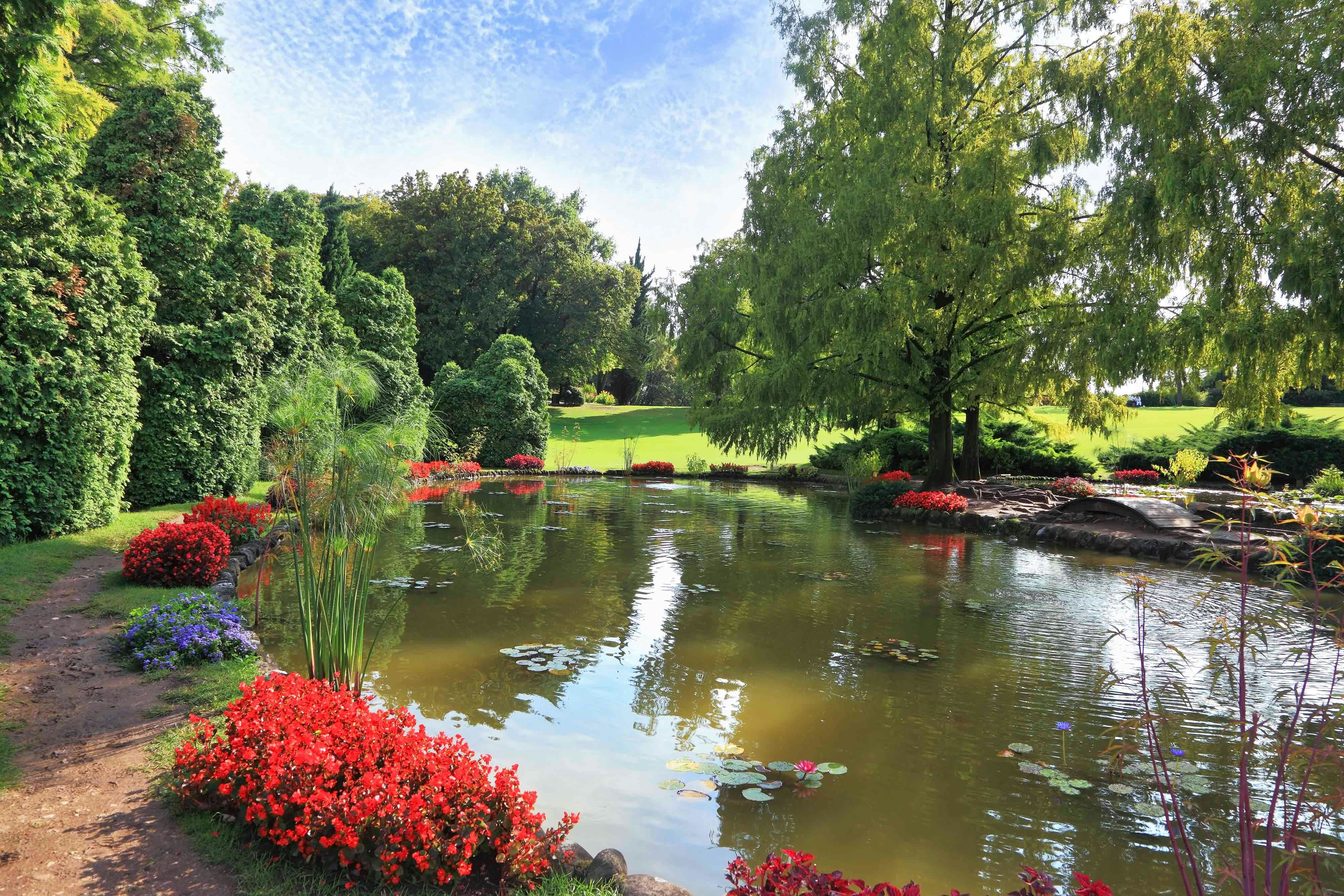 Pond surrounded by vibrant flowers and lush greenery at Sigurta Park, Italy.