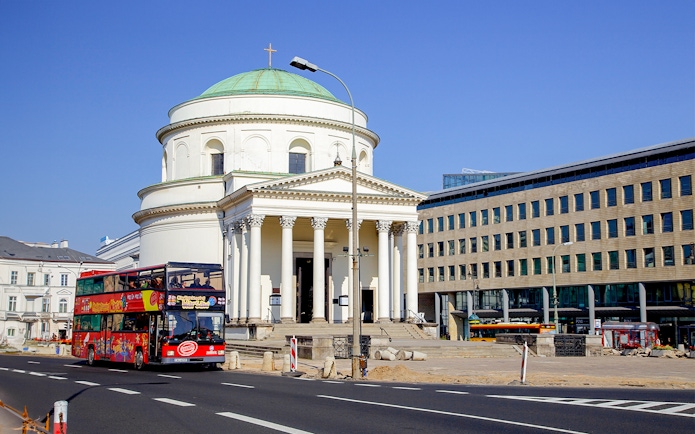 Hop-On Hop-Off bus in front of St. Alexander's Church, Warsaw.