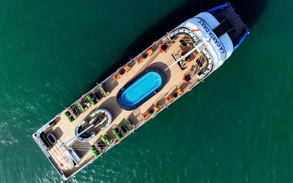 Aerial view of La Casta Day Cruise ship with pool in Ha Long Bay.