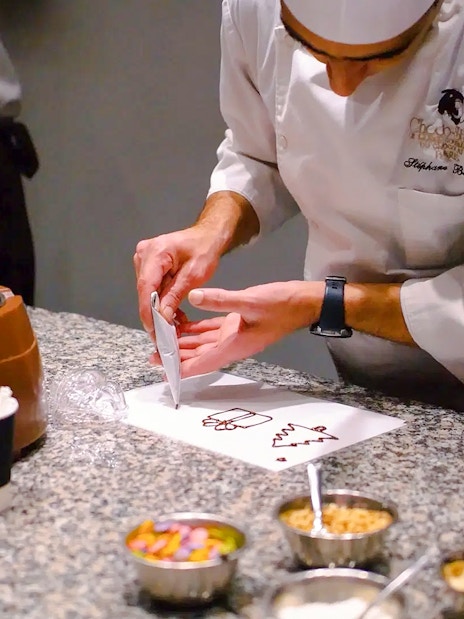 Chocolate preparation demonstration at Choco-Story Paris.