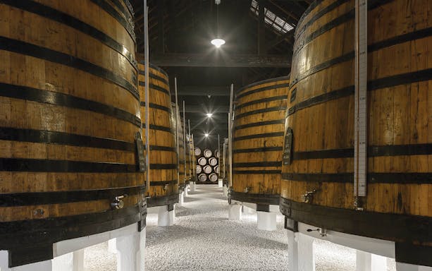Large wooden barrels in Graham's Port Lodge cellar, Portugal, for guided tour with tastings.