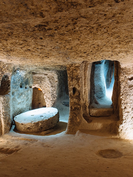 Derinkuyu Underground City stone chambers and passageways in Cappadocia, Turkey.