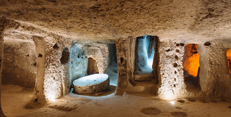 Derinkuyu Underground City stone chambers and passageways in Cappadocia, Turkey.