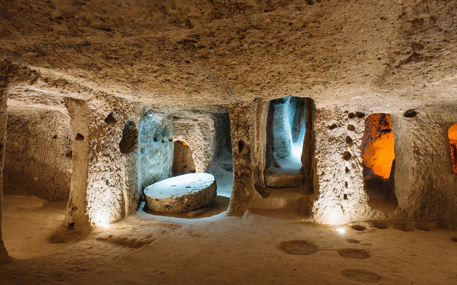 Derinkuyu Underground City stone chambers and passageways in Cappadocia, Turkey.