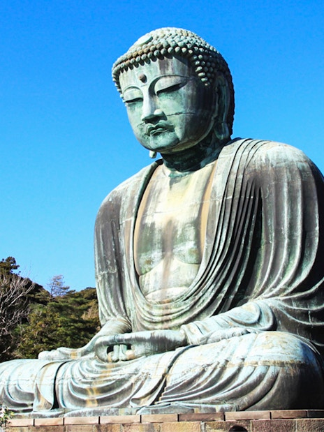 Great Buddha of Kamakura statue in Japan surrounded by trees.