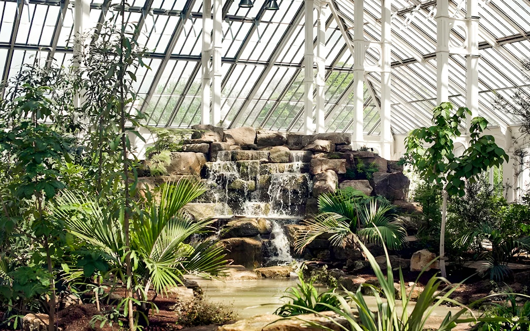 Waterfall and lush greenery inside Kew Gardens' glasshouse, London.