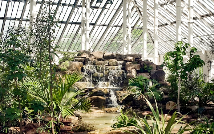 Waterfall and lush greenery inside Kew Gardens' glasshouse, London.