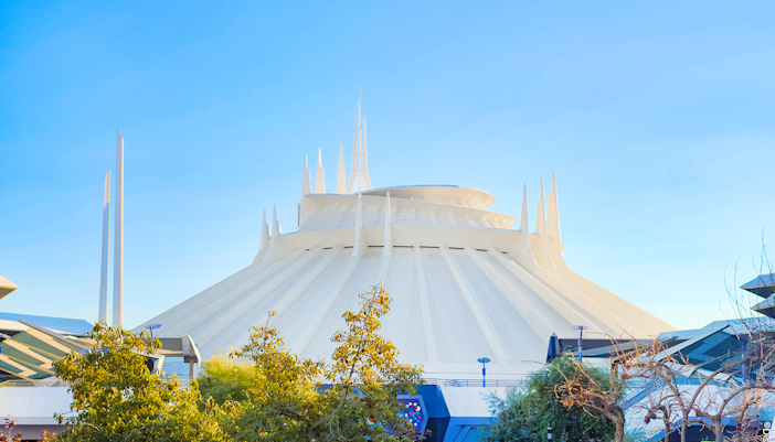 Space Mountain attraction at Disneyland Park, California, with futuristic architecture.