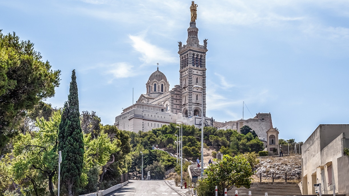 Basilica of Notre Dame de la Garde overlooking Marseille cityscape, France
