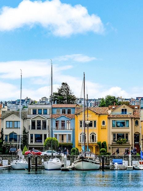 Colorful houses and sailboats along the waterfront in Sausalito, near San Francisco.