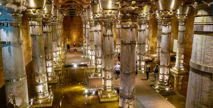 Illuminated columns inside Theodosius Cistern, Istanbul.