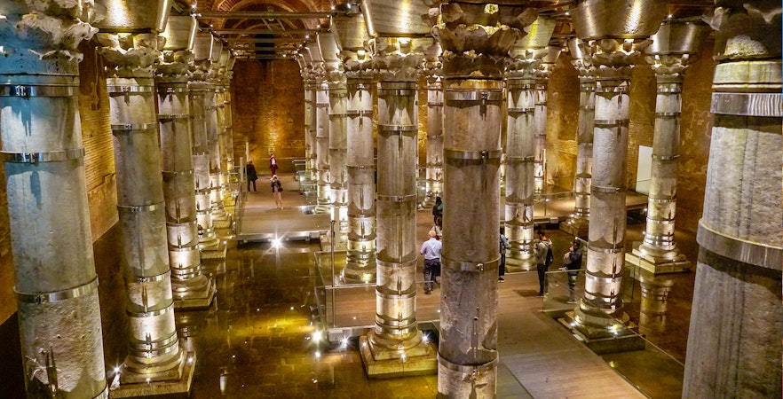 Illuminated columns inside Theodosius Cistern, Istanbul.