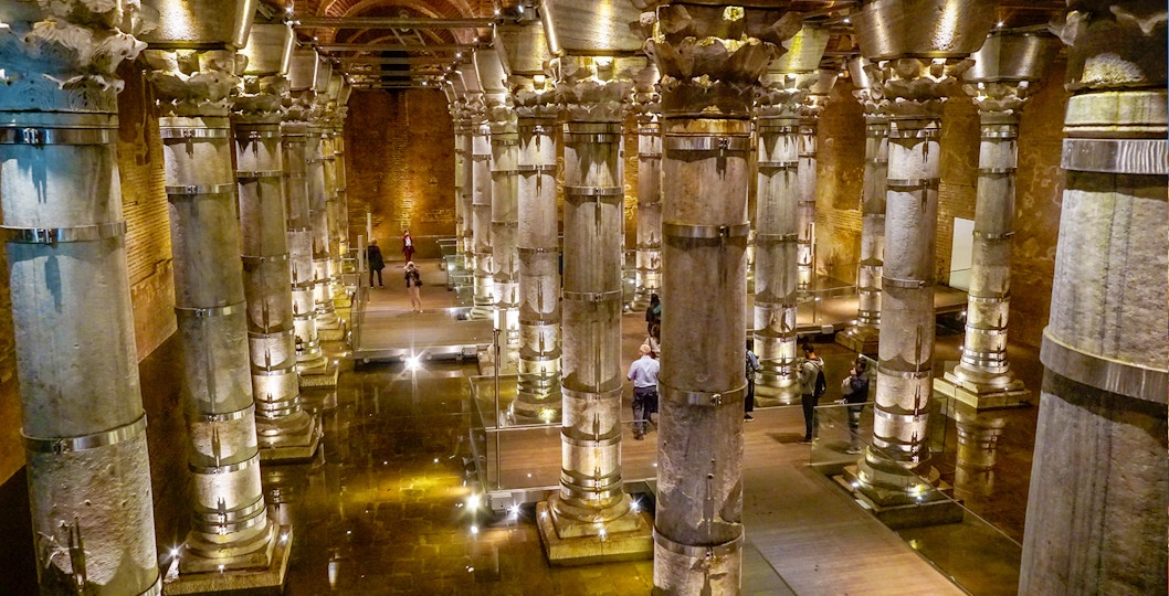 Illuminated columns inside Theodosius Cistern, Istanbul.
