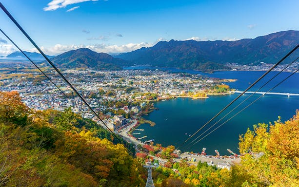 Aerial view of Lake Kawaguchi and town from Mt Fuji Ropeway, Japan.