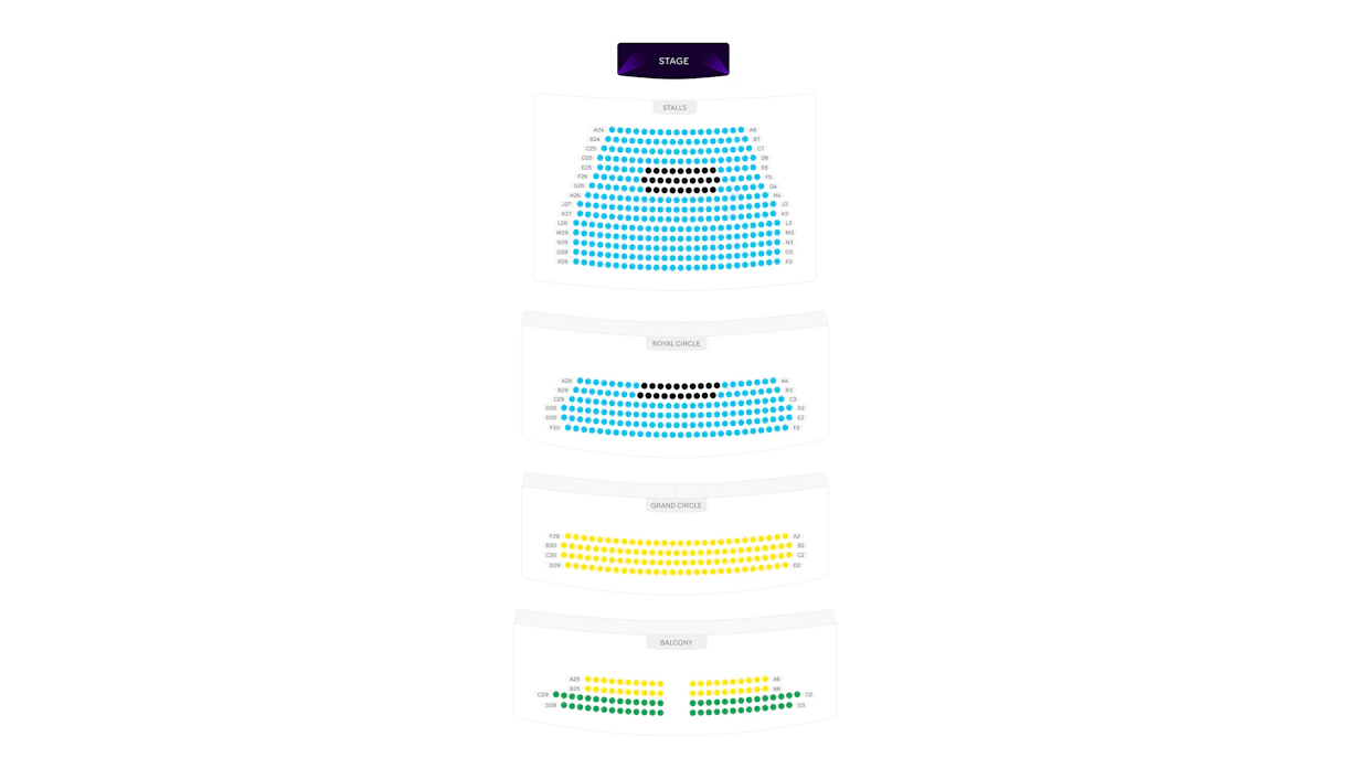 Seating chart for a theater with stalls, royal circle, grand circle, and balcony sections.