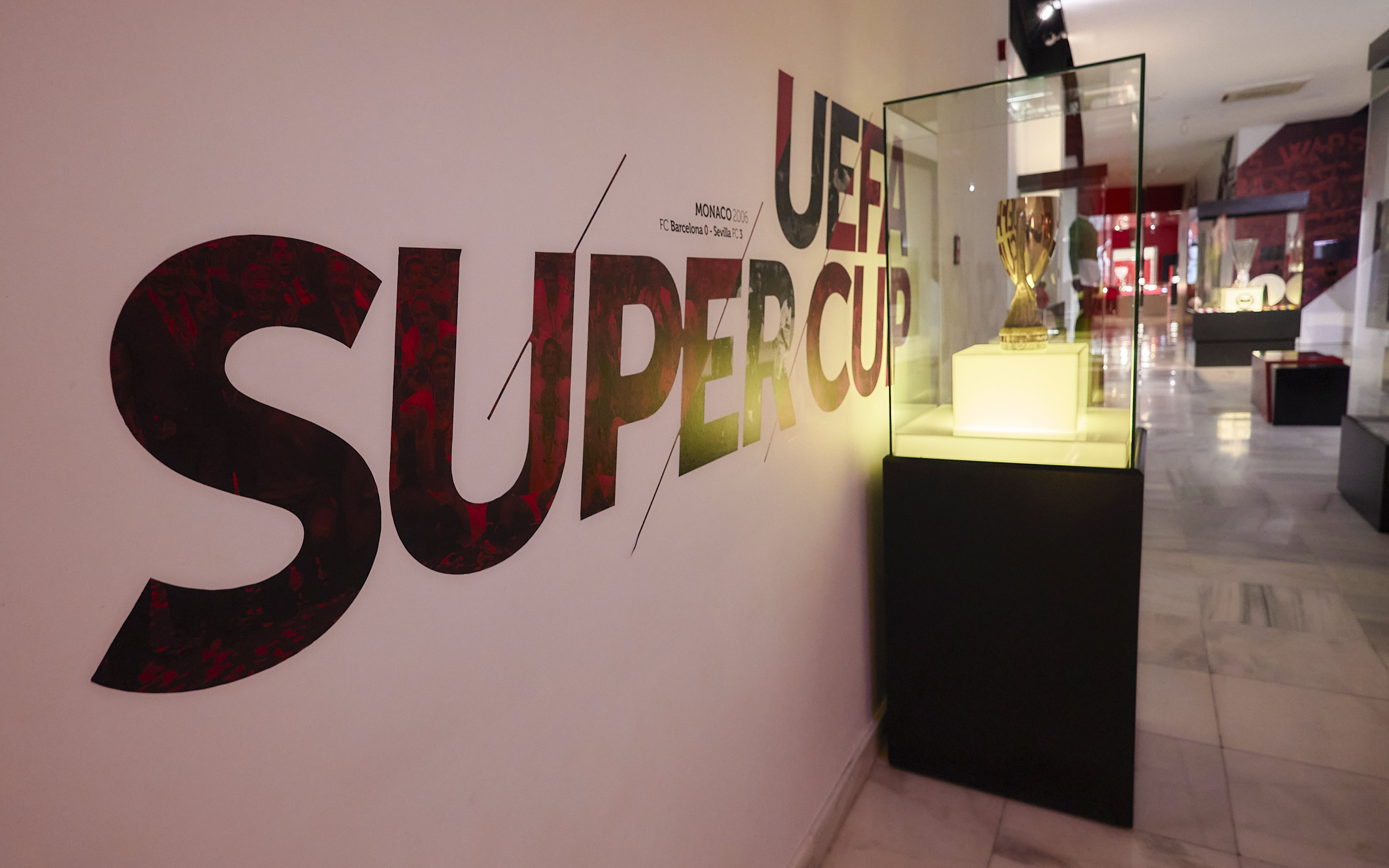 UEFA Super Cup display at Sevilla FC History Experience museum.