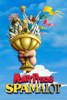 Knights performing on stage in Spamalot musical, London theater.