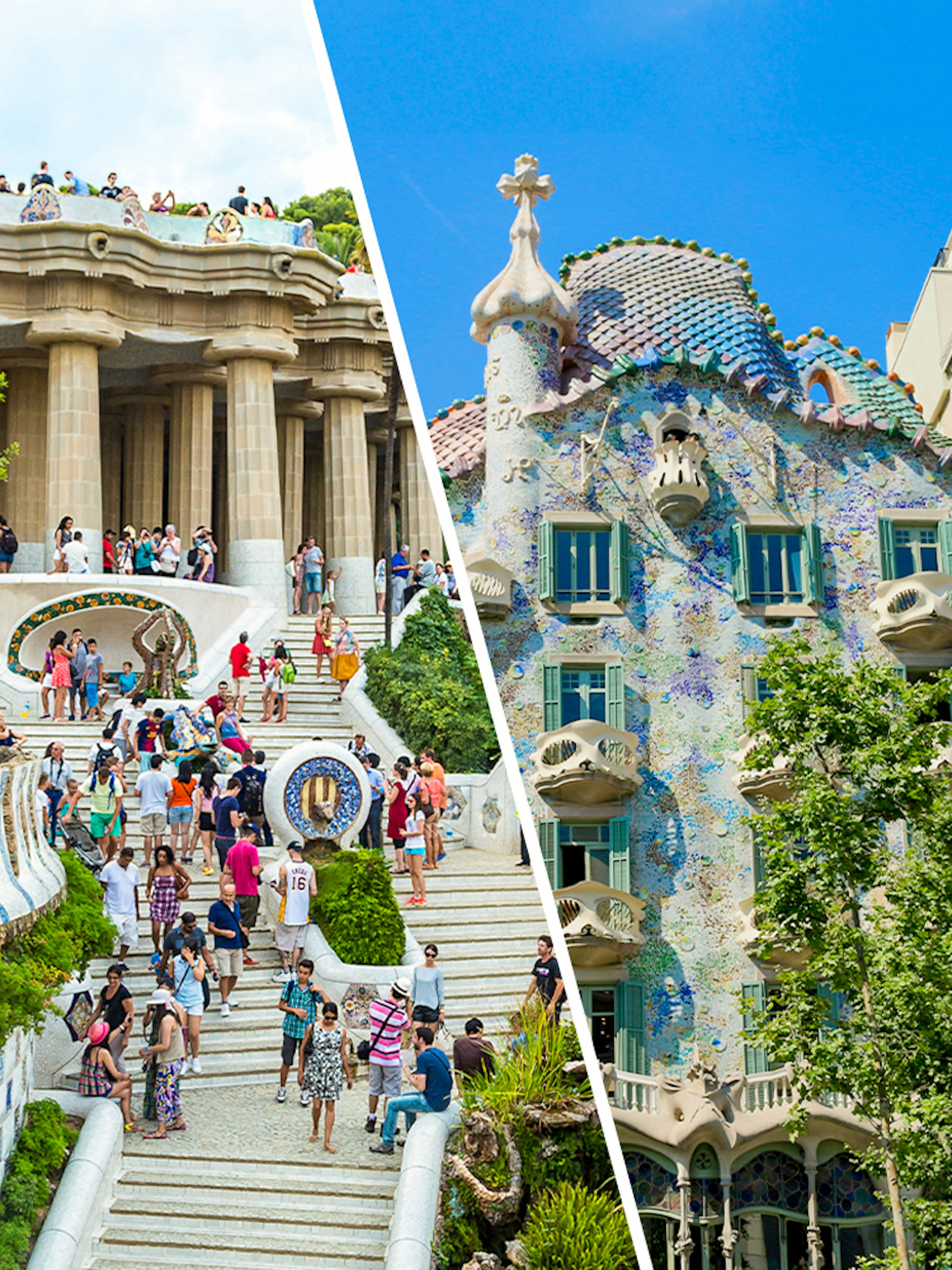 Park Guell's mosaic steps and Casa Batllo's colorful facade in Barcelona.