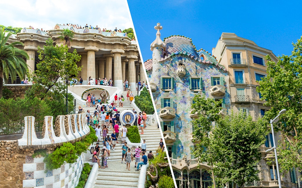 Park Guell's mosaic steps and Casa Batllo's colorful facade in Barcelona.