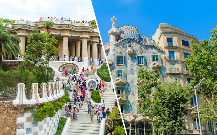 Park Guell's mosaic steps and Casa Batllo's colorful facade in Barcelona.