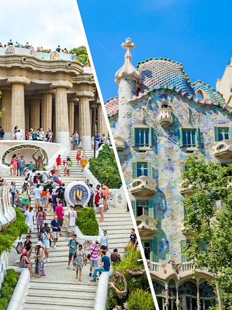 Park Guell's mosaic steps and Casa Batllo's colorful facade in Barcelona.