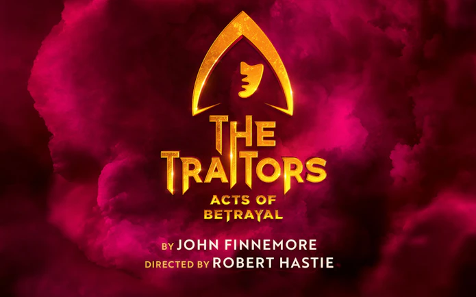 The Traitors Acts of Betrayal logo with gold text on a dark red background
