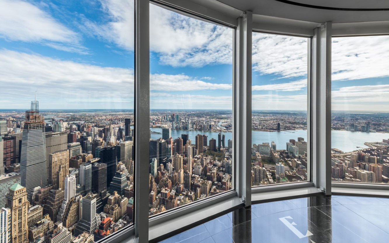 View of New York City skyline from Empire State Building observatory.