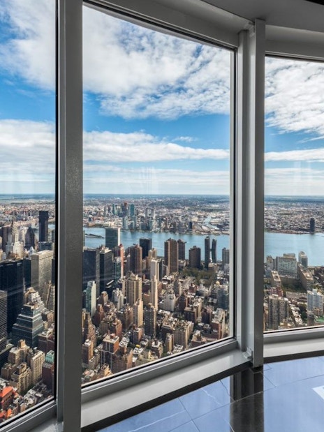 View of New York City skyline from Empire State Building observatory.