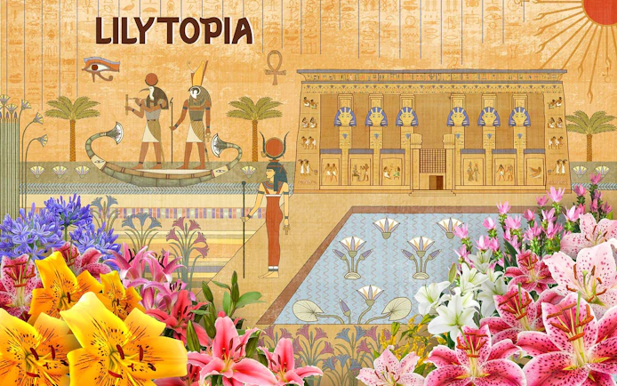 Lilytopia Gardens by the Bay Ancient Egypt-themed floral display with lilies and hieroglyphs.