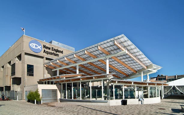 New England Aquarium exterior with visitors entering, showcasing the modern architecture in Boston, USA.